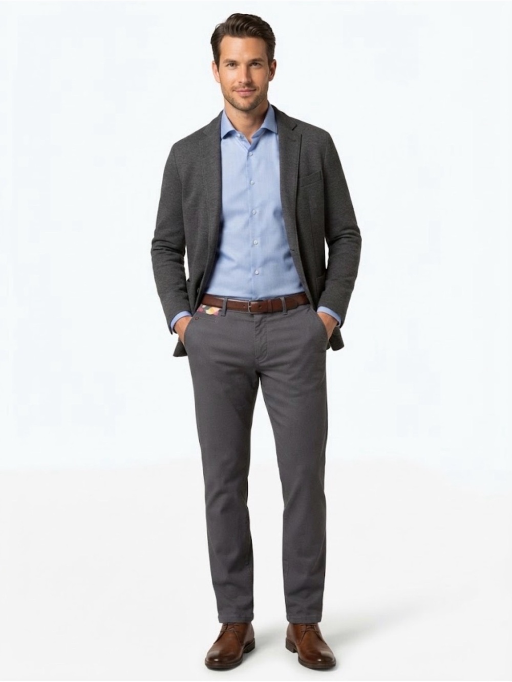 Meyer Bonn Dark Gray Textured Chinos Trousers Size 38